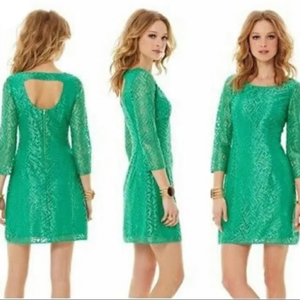NWT Lilly Pulitzer • Camellia Bamboo Geo Lace Dress in Fern Green, Size 10